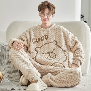 珊瑚绒冬天法兰绒秋冬保暖男装 加厚加绒新款 家居服 冬季 睡衣男套装