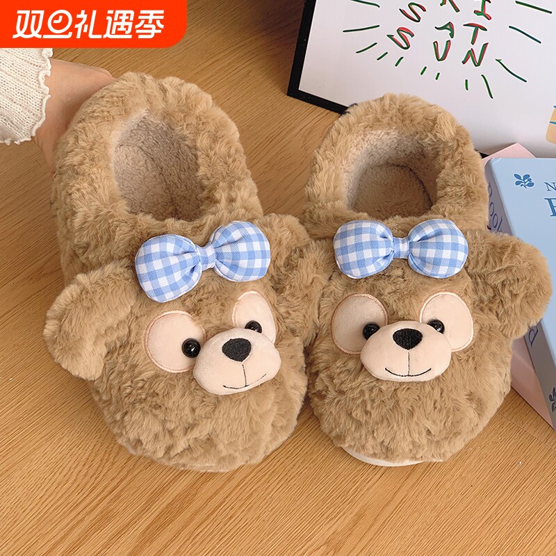 棉拖鞋女秋冬季小熊外穿厚底居家包跟加绒保暖月子鞋全包达菲防滑