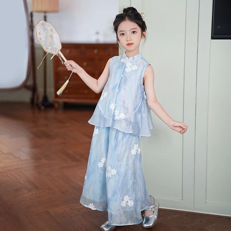 女童套装2025夏季新款绣花无袖上衣阔腿裤新中式国风汉服两件套
