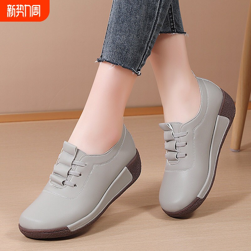 欧伦啄木鸟真皮厚底松糕鞋女士牛筋软底中老年单鞋休闲平底防滑妈