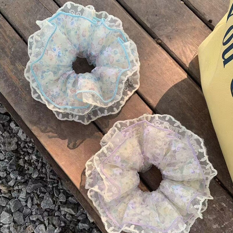 紫色碎花大肠发圈~蕾丝花边4层气质大号丸子头发绳女蓝色甜美短发