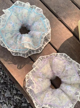 紫色碎花大肠发圈~蕾丝花边4层气质大号丸子头发绳女蓝色甜美短发