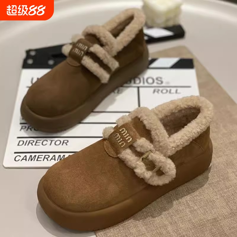 热风圈软皮厚底毛毛鞋女保暖2025冬季新款一脚蹬豆豆鞋加绒勃毛绒
