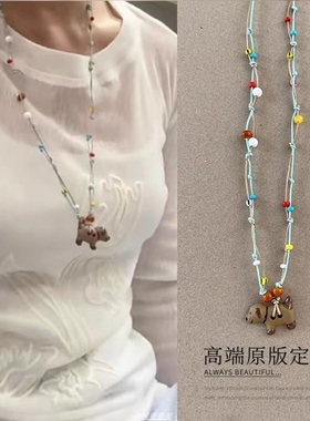 敲可爱!彩色小狗吊坠项链女款欧若风童趣少女风长款毛衣链卫衣链