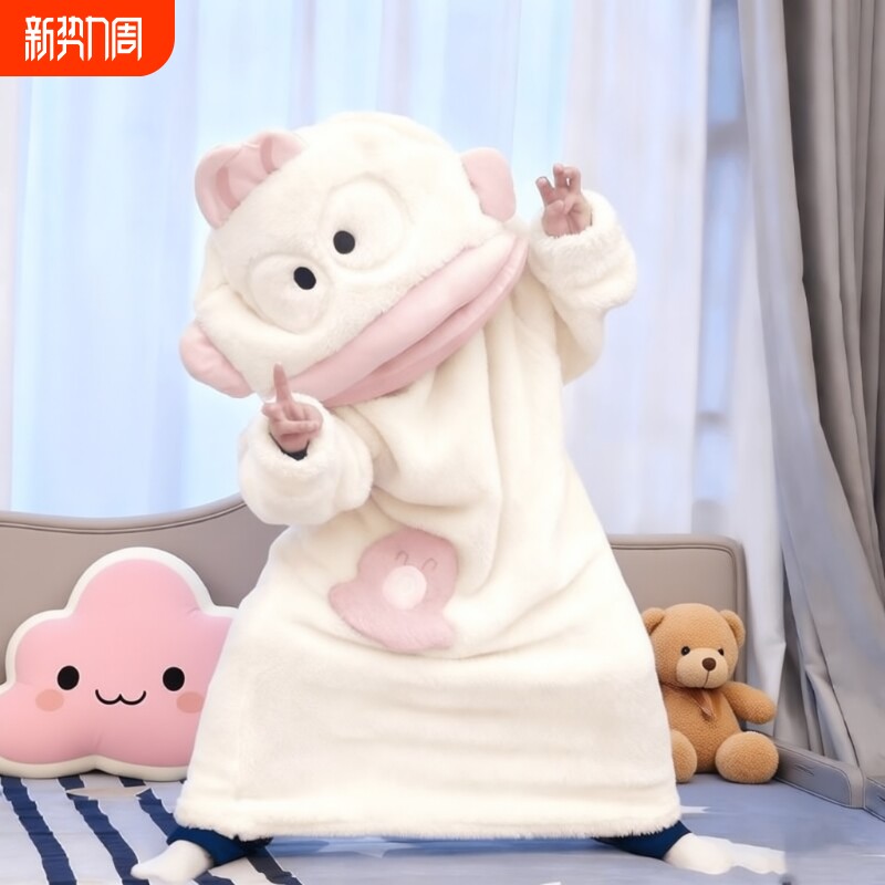 丑鱼睡袍儿童可爱搞怪连体睡衣女亲子秋冬加厚珊瑚绒卡通家居服男