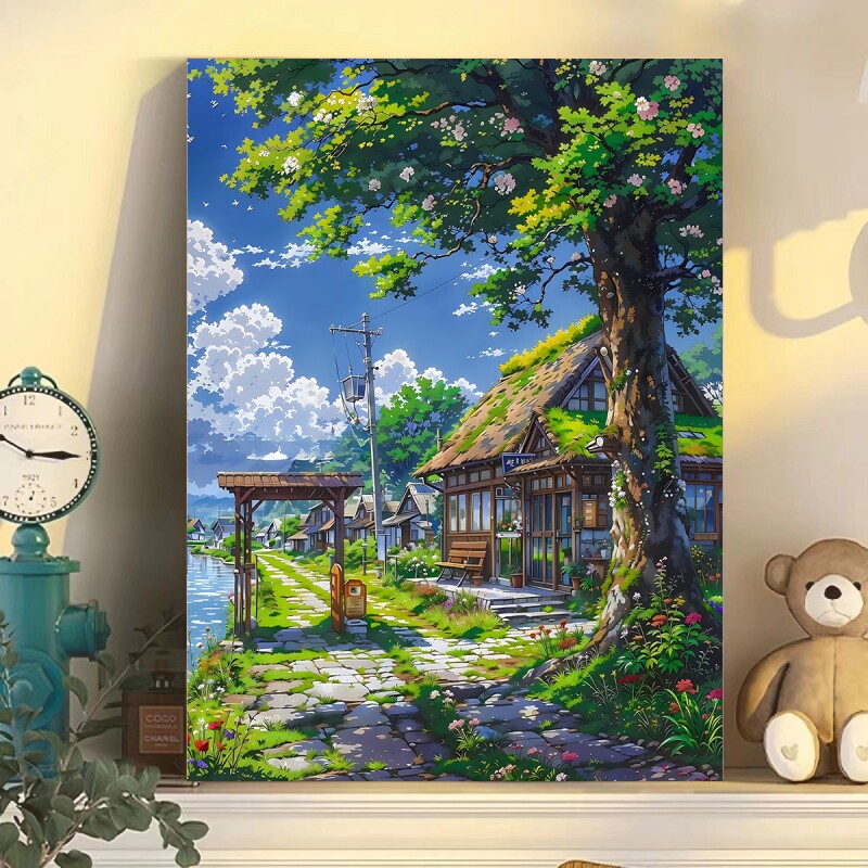 宫崎骏风景diy数字油画填色手绘治愈ins客厅丙烯装饰画肌理绘画 - 实物图