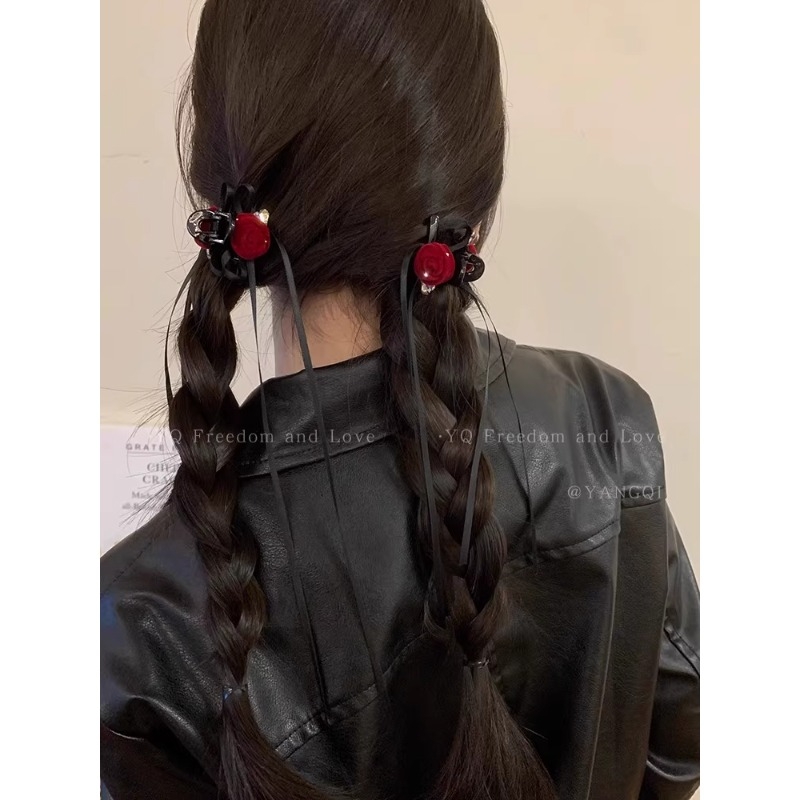 小香风玫瑰花朵缎带小发夹女高级感后脑勺麻花辫双马尾抓夹鲨鱼夹