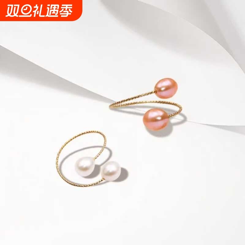 诸暨淡水珍珠小米水滴型弹力双珠戒指简约时尚开口可调节弹力指环