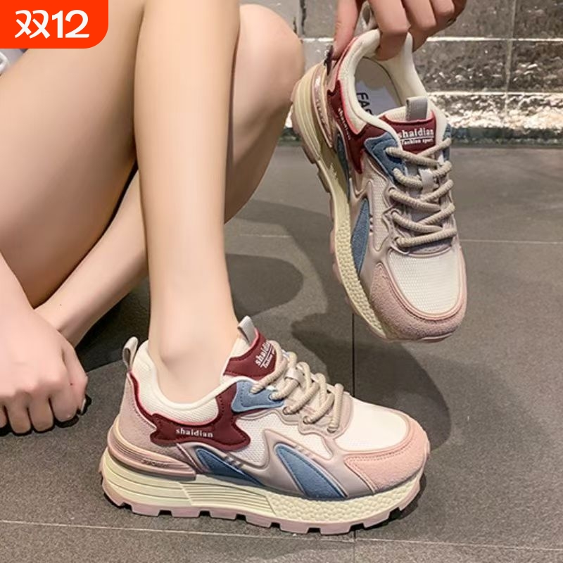 网面运动鞋女2025新款厚底休闲轻便透气阿甘鞋软底老爹鞋软面防水