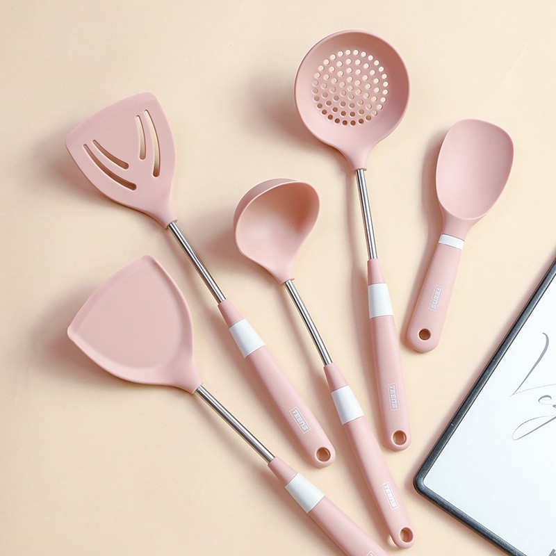 ?K9HX批发烟粉色系 304不锈钢尼龙全硅胶不粘锅漏铲锅铲漏勺汤勺