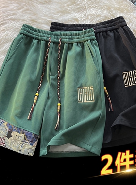 夏季短裤男薄款刺绣潮牌宽松休闲运动五分裤学生夏天中裤子男白色