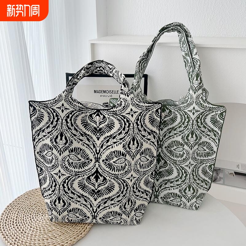 针织碎花女士单肩手提包托特包大容量通勤购物袋女包编织手拎手工