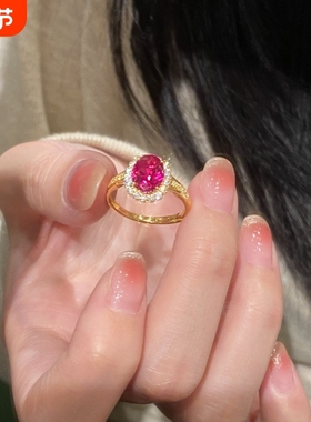 中古风鸽子蛋玫红锆石戒指女小众镶钻金色指环时尚轻奢高级感手饰