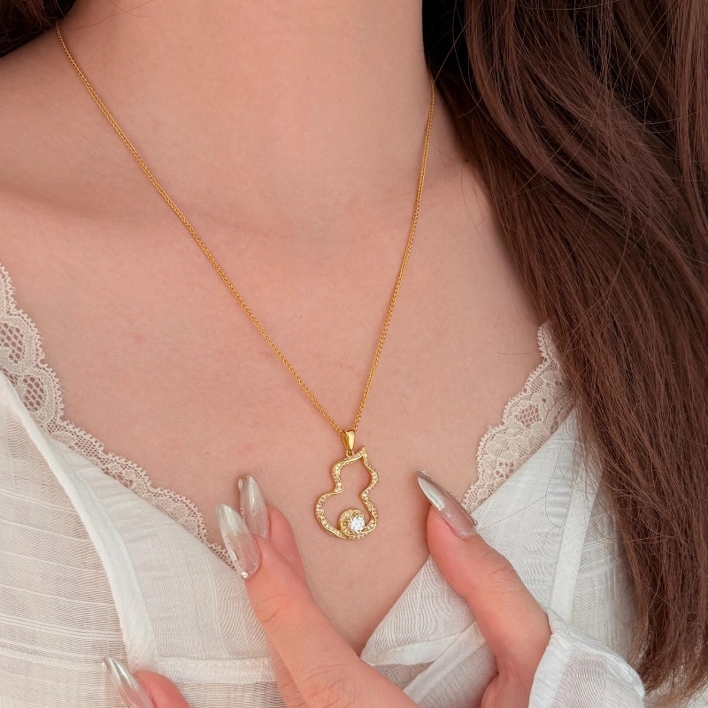 925复古新中式缎带满钻葫芦项链福禄吊坠拉丝时尚精致国潮锁骨链