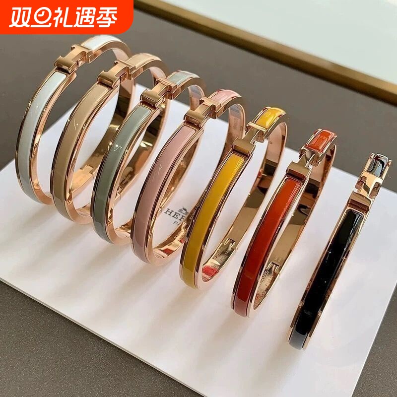 高端爱马款仕H字母手镯珐琅玫瑰金宽版轻奢男女情侣经典款H型手环