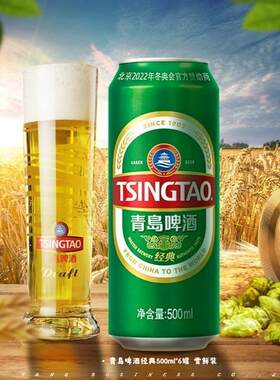 看球必备青岛啤酒经典500ml大罐清爽黄啤户外平价囤货听装酒罐装