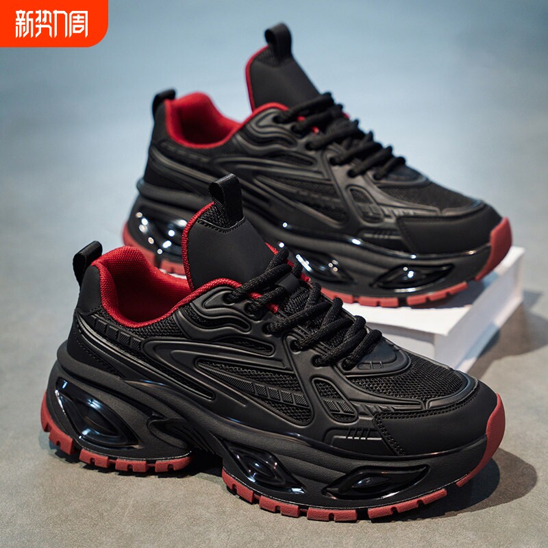 欧伦啄木鸟男鞋2026新款春季气垫减震跑步运动鞋厚底增高纯黑色休
