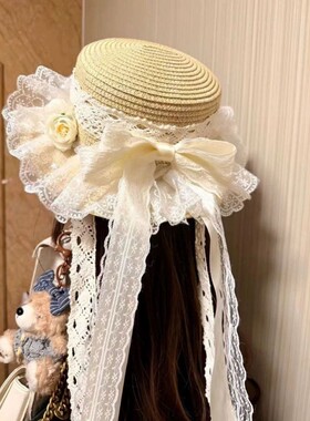 原创森系遮阳帽田园lo娘软妹草帽doll感蕾丝蝴蝶结飘带沙滩帽子