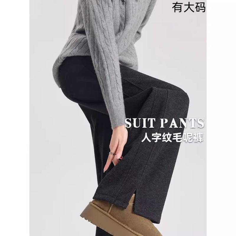醋酸阔腿裤女秋冬季2025新款加绒直筒窄版垂感人字纹毛呢裤子大码