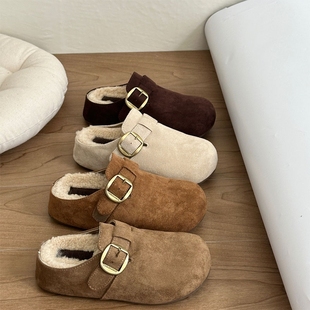 森系厚底内增高勃肯鞋 毛绒米色 女外穿百搭加绒保暖毛毛包头半拖鞋