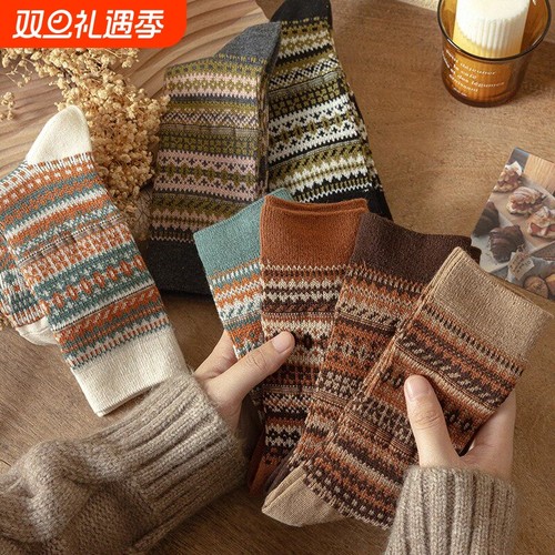 袜子女中筒袜秋冬无骨棉袜双针双路复古潮流堆堆袜民族风女士长袜