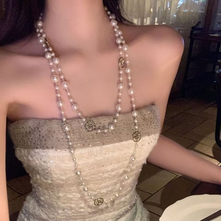 小香长款山茶花仿珍珠项链轻奢精致高级感叠戴中式旗袍配饰锁骨