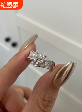 中古风拉丝繁花闪钻宽版戒指轻奢高级感小众设计清冷感食指戒指环