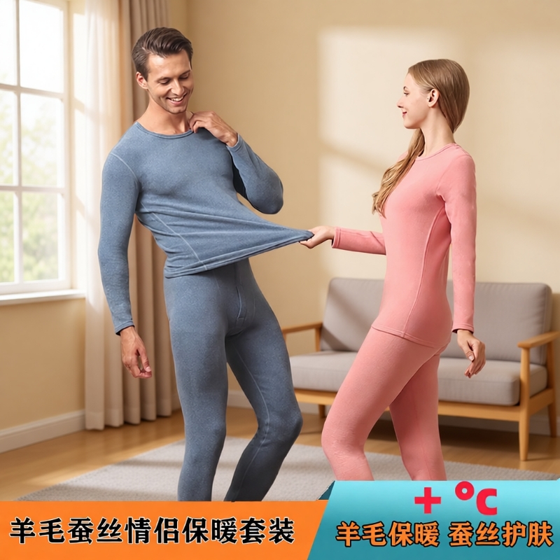 三叶蕉羊毛蚕丝保暖内衣男士套装冬季加绒加厚7A抗菌打底秋衣秋裤