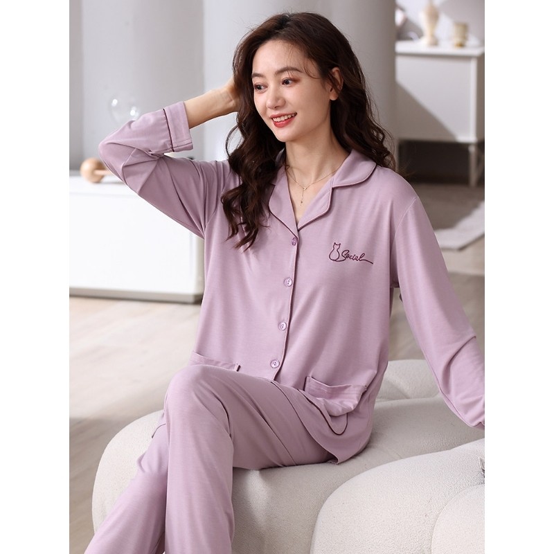 恒源祥睡衣女莫代尔开衫款长袖长裤夏季款大码中年妈妈家居服套装