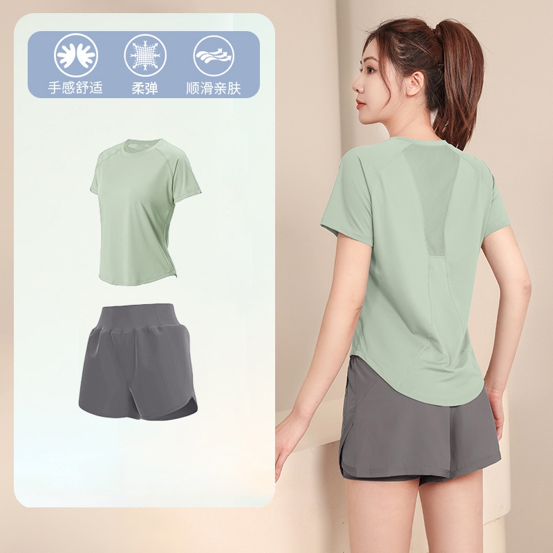 夏季薄款户外运动套装女健身宽松显瘦瑜伽服短袖弹力速干衣跑步服