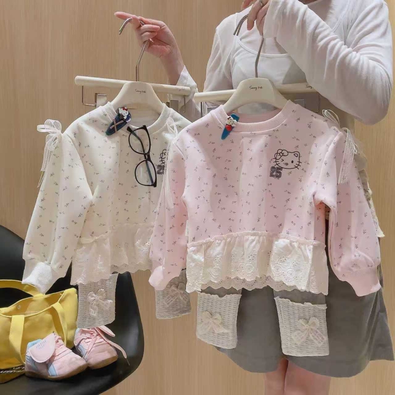 儿童卫衣打底裤套装洋气满印蝴蝶结小猫百搭上衣裤子蕾丝花边M261