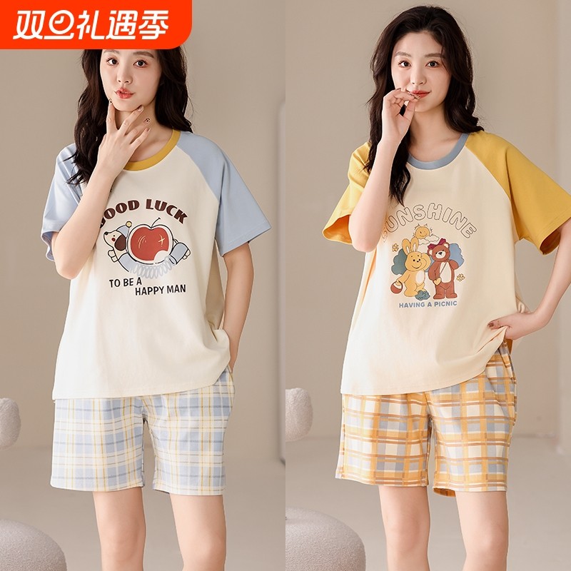 纯棉睡衣女夏季薄款短袖短裤甜美夏天宽松大码韩版休闲家居服套装