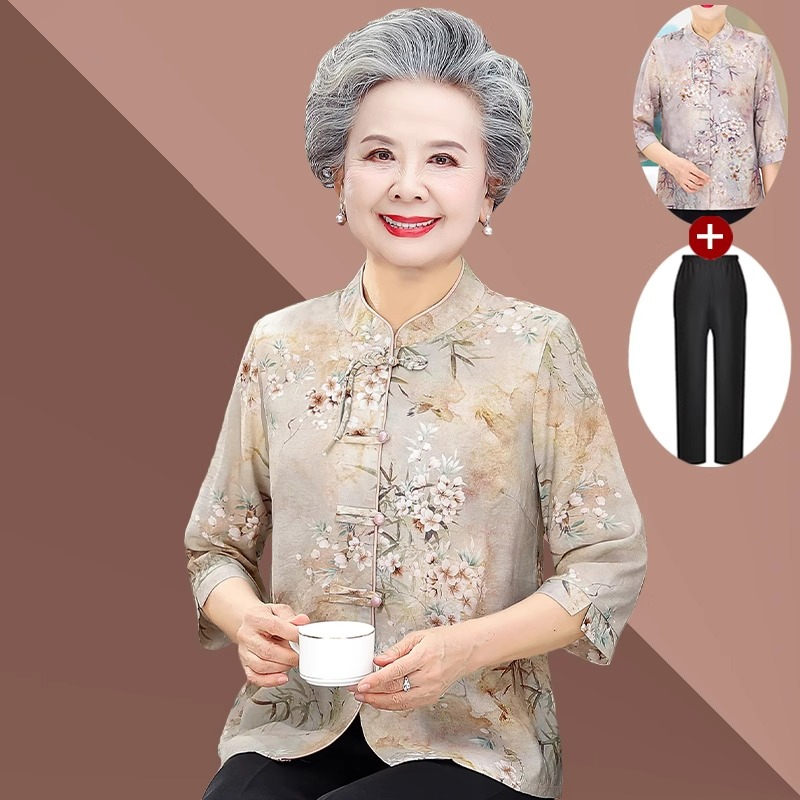 中老年人夏装衬衫女奶奶2024新款薄中国风套装妈妈上衣老太太唐装