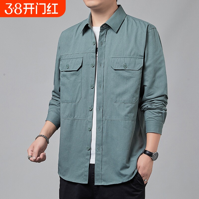 新款长袖港风衬衫男士春季工装翻领上衣服纯棉休闲衬衣外套男帅气