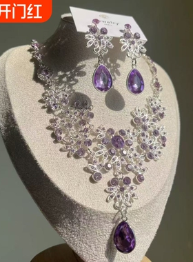 超闪紫色锆石花朵项链耳环套装女小众设计高级晚宴礼服配饰锁骨链