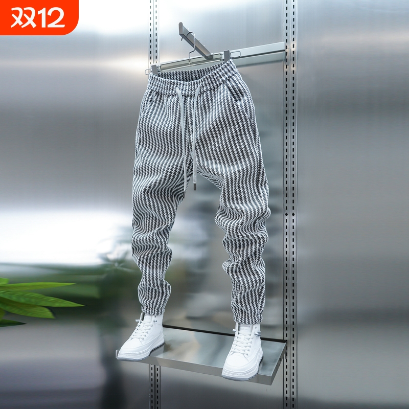 2025秋冬男士加绒百搭休闲裤时尚竖条纹束脚运动卫裤潮流小脚裤