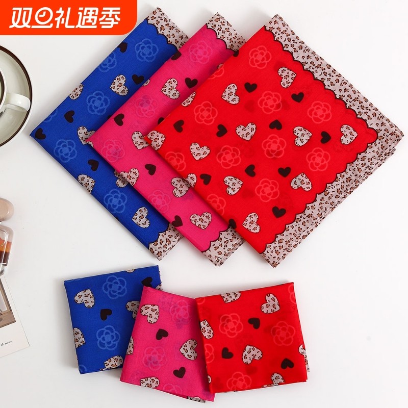 43厘米女士纯棉手帕复古风撞色花朵爱心手绢柔软舒适全棉印花手巾