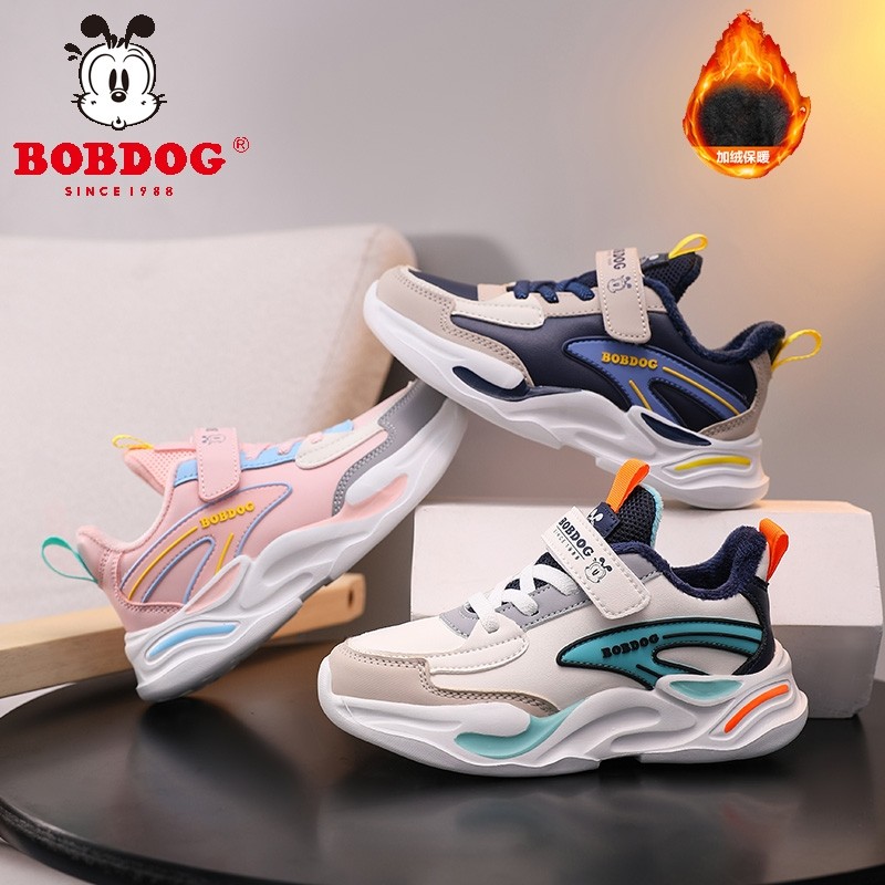 巴布豆男童运动鞋加绒保暖2025冬季新款女童棉鞋皮面防水跑步鞋子