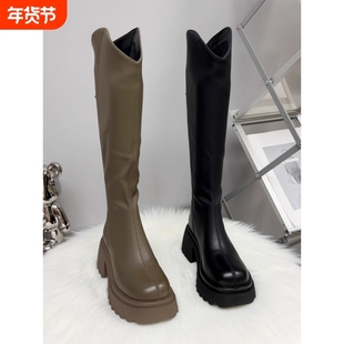热风圈骑士靴女2025年软皮长筒靴女靴长靴平底黑色鞋子高筒加绒