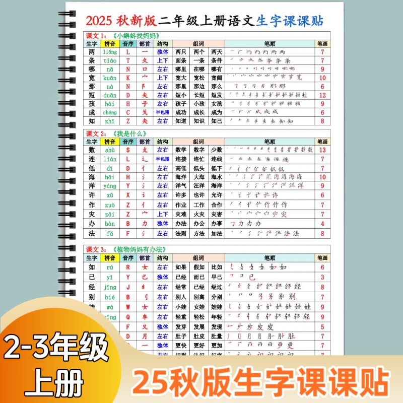 2025新人教版二三年级上册语文课课贴语文预习必备课内生字组词笔顺读音音序部首结构同步写字表彩色课课贴新版