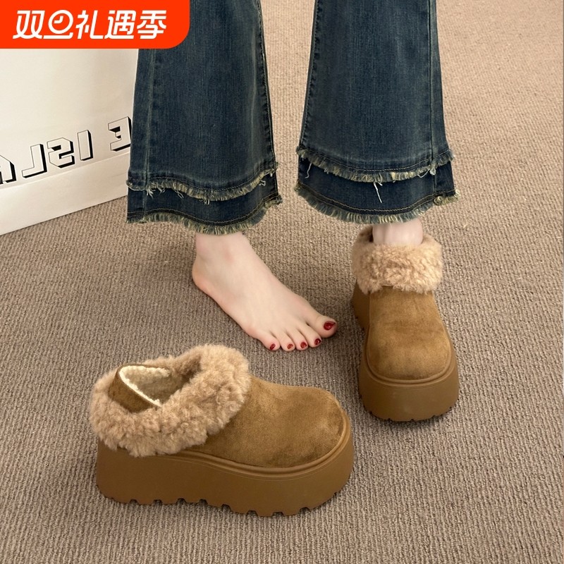 低帮短款加绒加厚棉鞋女2025冬季新款一脚蹬毛毛鞋外穿保暖雪地靴