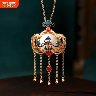 小红书推荐凤求凰保色镀金复古流苏项链汉服旗袍配饰品珐琅吊坠女