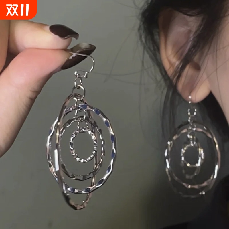 多层锤纹星轨耳圈吊坠耳环耳夹复古小众独特耳钉清冷感显脸小耳饰