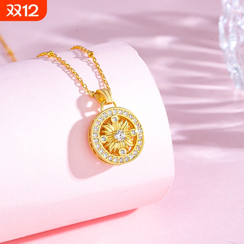 s925纯银罗盘太阳花项链女法式轻奢风镶钻锁骨链黄金同款送礼物