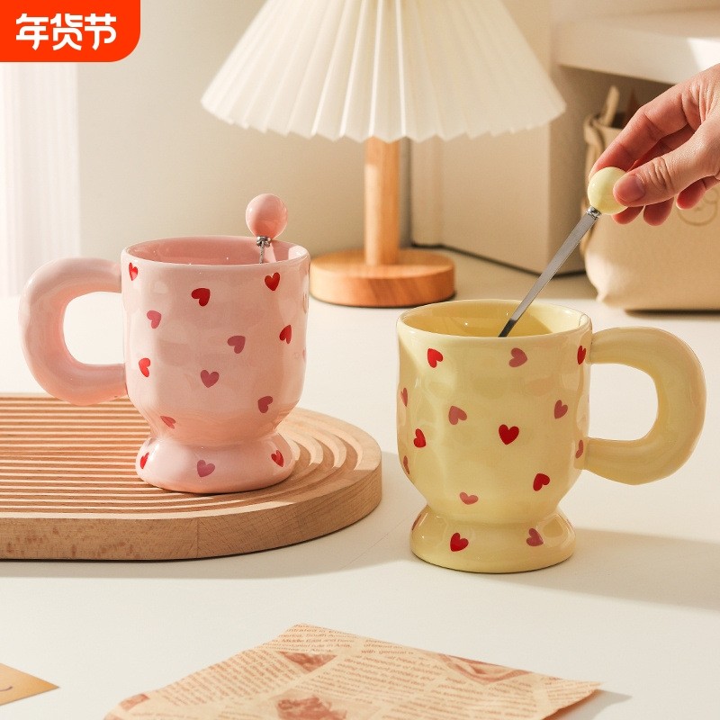 高颜值奶fufu马克杯带盖勺可爱女生陶瓷咖啡杯子情侣办公室早餐杯