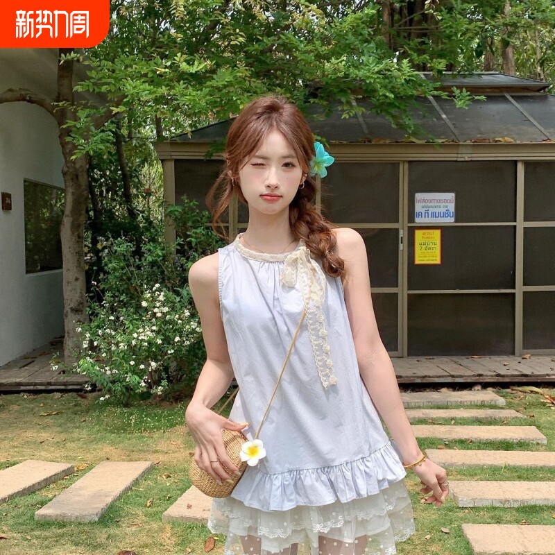 2026春夏薄荷花边圆领无袖背心上衣多巴胺蕾丝花边甜美清新显瘦