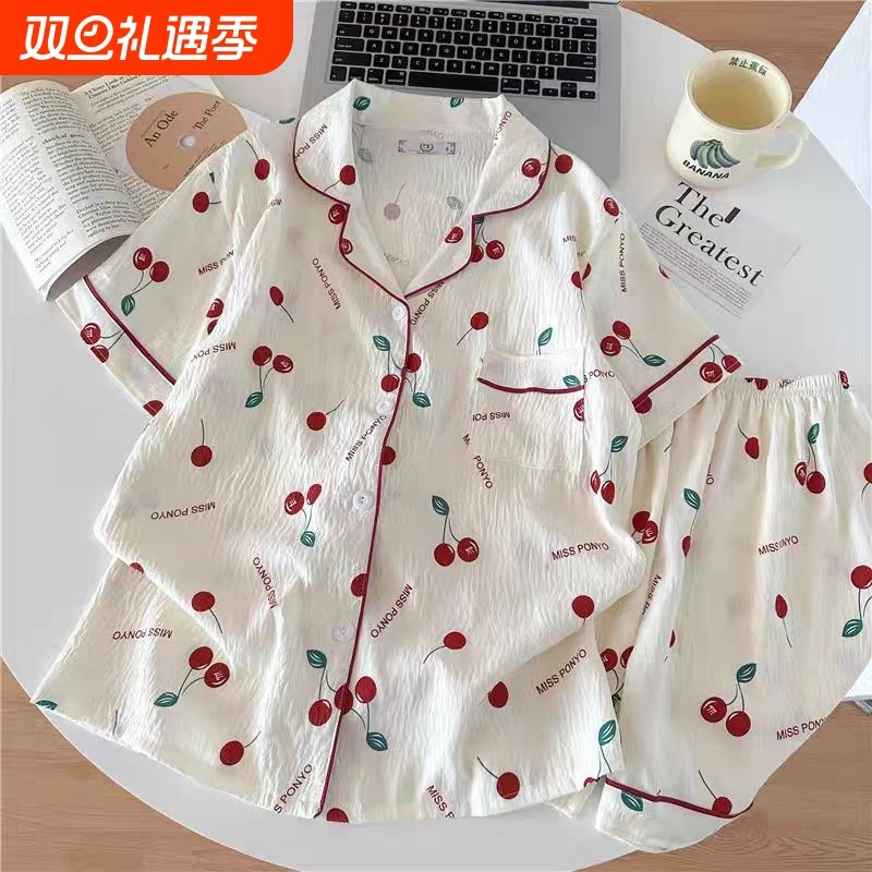 女士款纯棉睡衣少女女夏季短袖短裤套装甜美樱桃可外穿开衫家居服