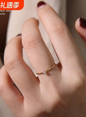 简~S925纯银镀14K金戒指女日韩版镶嵌钻锆石极细单钻戒指尾戒指环