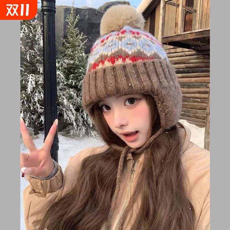 费尔岛风毛线帽女秋冬季复古百搭大头围保暖针织帽显脸小护耳帽子