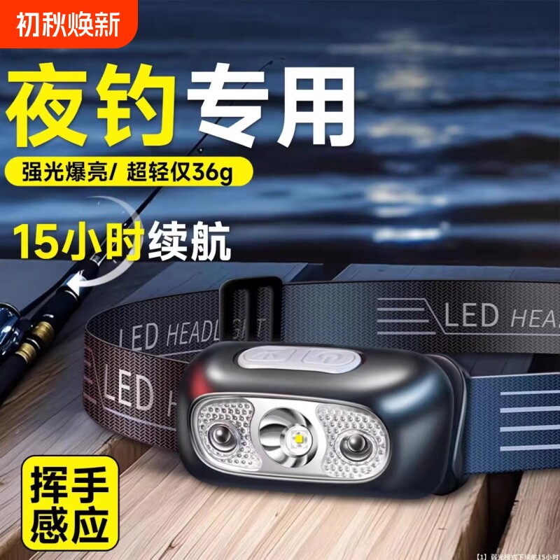 夜钓感应头灯钓鱼专用新款强光充电超亮超长续航野外头戴式照明灯